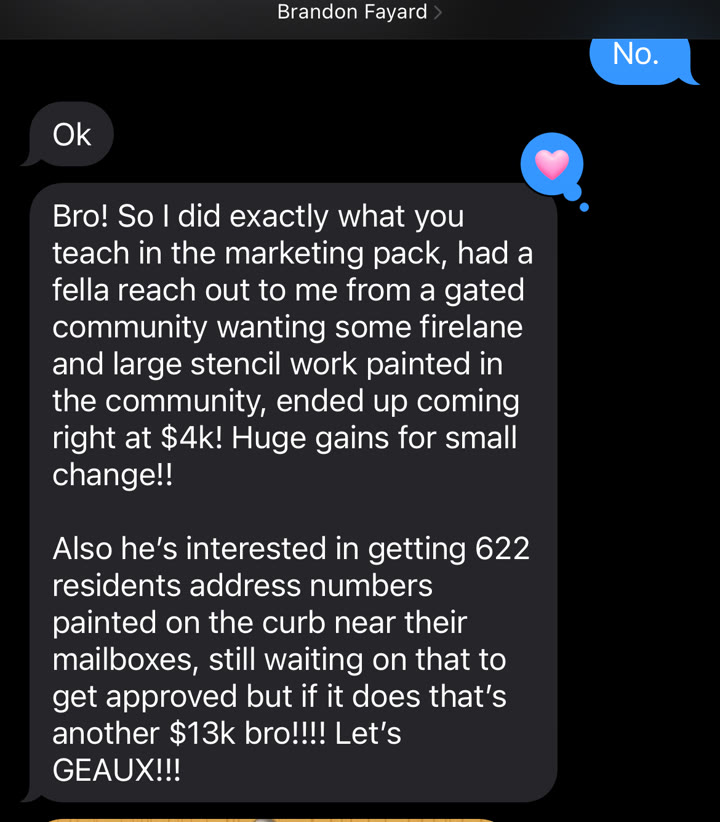 Text message testimonial from Brandon Fayard describing a 4 thousand dollar stencil job